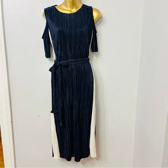 Topshop Pleated Midi Dress – Navy Cream Colorblock Tie Waist – Size 6 - Picture 2 of 6